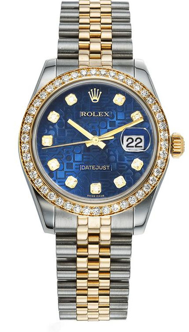 Rolex New Style Datejust Midsize Two Tone Factory Diamond Bezel & Blue Diamond Dial on Jubilee Bracelet P178383