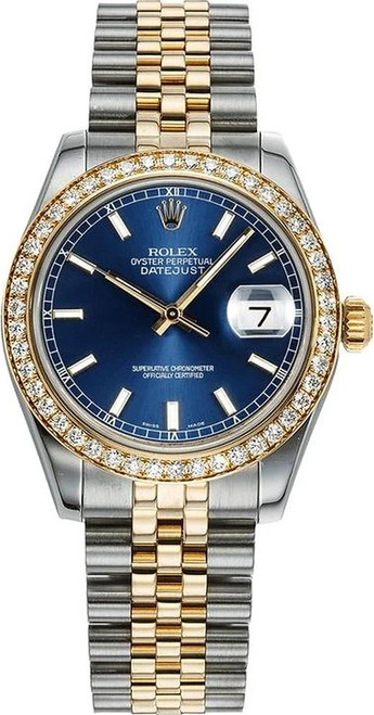 Rolex New Style Datejust Midsize Two Tone Factory Diamond Bezel & Blue Index Dial on Jubilee Bracelet P178383