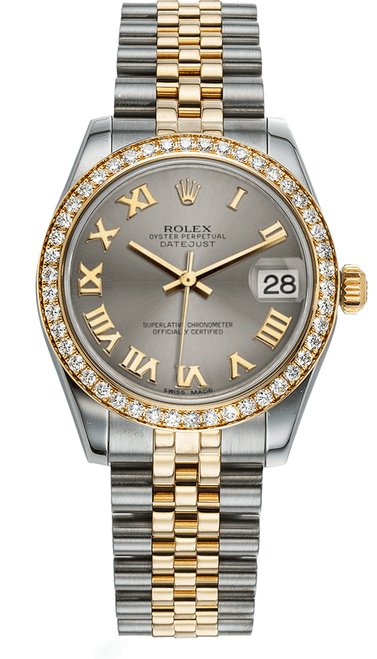 Rolex New Style Datejust Midsize Two Tone Factory Diamond Bezel & Silver Roman Dial on Jubilee Bracelet P178383