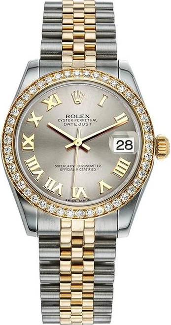 Rolex New Style Datejust Midsize Two Tone Factory Diamond Bezel & Silver Roman Dial on Jubilee Bracelet 178383