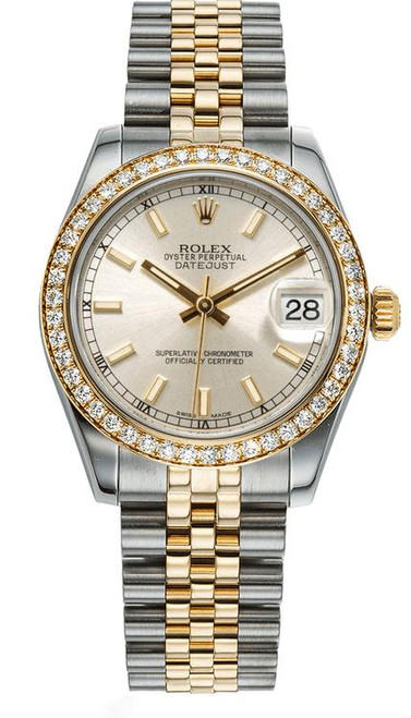 Rolex New Style Datejust Midsize Two Tone Factory Diamond Bezel & Silver Index Dial on Jubilee Bracelet P178383