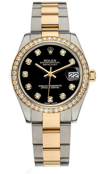Rolex Datejust Midsize Two Tone Factory Diamond Bezel & Black Diamond Dial on Oyster Bracelet 178383