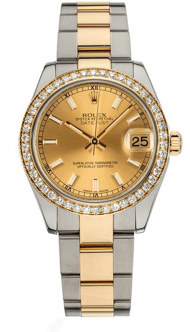Rolex Datejust Midsize Two Tone Factory Diamond Bezel & Champagne Index Dial on Oyster Bracelet P178383