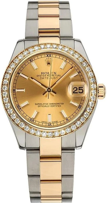 Rolex Datejust Midsize Two Tone Factory Diamond Bezel & Champagne Index Dial on Oyster Bracelet P178383
