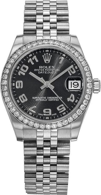 Rolex New Style Datejust Midsize Stainless Steel Factory Diamond Bezel and Black Concentric Arabic Dial 178384 Jubilee