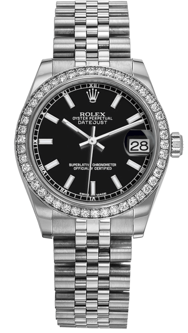 Rolex New Style Datejust Midsize Stainless Steel Factory Diamond Bezel and Black Index Dial 178384 Jubilee