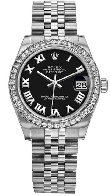 Rolex New Style Datejust Midsize Stainless Steel Factory Diamond Bezel and Black Roman Dial 178384 Jubilee