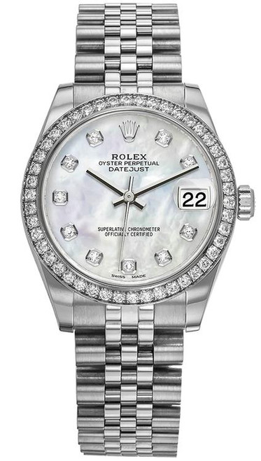 Rolex New Style Datejust Midsize Stainless Steel Factory Diamond Bezel and Mother of Pearl Diamond Dial 178384 Jubilee