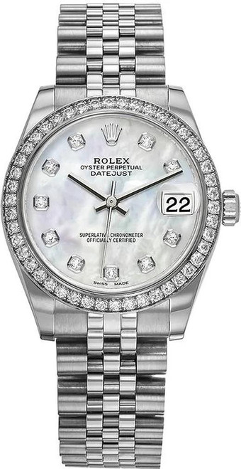 Rolex New Style Datejust Midsize Stainless Steel Factory Diamond Bezel and Mother of Pearl Diamond Dial 178384 Jubilee