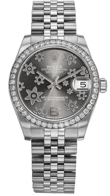 Rolex New Style Datejust Midsize Stainless Steel Factory Diamond Bezel and Silver Floral Dial 178384 Jubilee Rolex New Style Datejust Midsize Stainless Steel Factory Diamond Bezel and Silver Floral Dial 178384 Jubilee