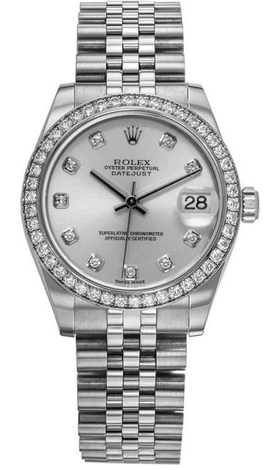Rolex New Style Datejust Midsize Stainless Steel Factory Diamond Bezel and Silver Diamond Dial 178384 Jubilee
