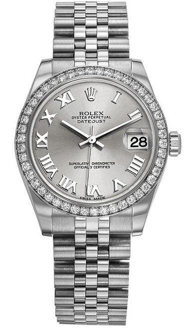 Rolex New Style Datejust Midsize Stainless Steel Factory Diamond Bezel and Silver Roman Dial 178384 Jubilee Rolex New Style Datejust Midsize Stainless Steel Factory Diamond Bezel and Silver Roman Dial 178384 Jubilee