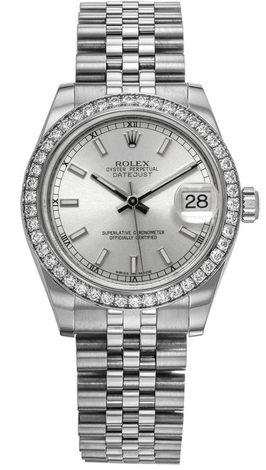 Rolex New Style Datejust Midsize Stainless Steel Factory Diamond Bezel and Silver Index Dial 178384 Jubilee