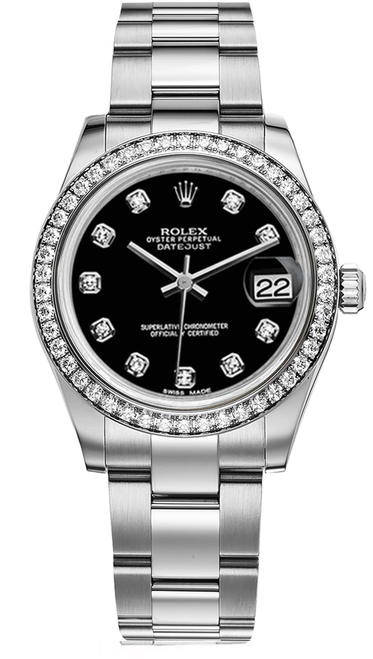 Rolex New Style Datejust Midsize Stainless Steel Factory Diamond Bezel and Black Diamond Dial 178384 Oyster