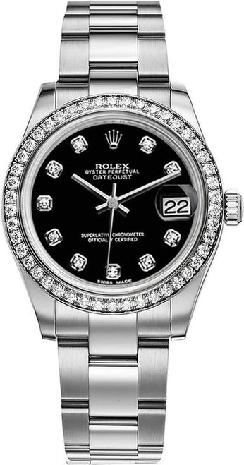 Rolex Datejust Midsize Stainless Steel Factory Diamond Bezel and Black Diamond Dial 178384 Oyster