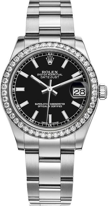 Rolex Datejust Midsize Stainless Steel Factory Diamond Bezel and Black Index Dial 178384 Oyster