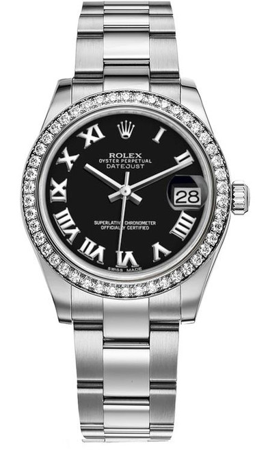 Rolex Datejust Midsize Stainless Steel Factory Diamond Bezel and Black Roman Dial 178384 Oyster