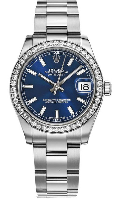 Rolex Datejust Midsize Stainless Steel Factory Diamond Bezel and Blue Index Dial 178384 Oyster Rolex Datejust Midsize Stainless Steel Factory Diamond Bezel and Blue Index Dial 178384 Oyster