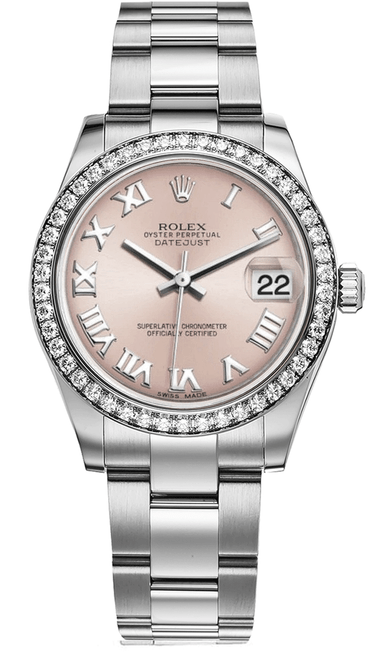 Rolex Datejust Midsize Stainless Steel Factory Diamond Bezel and Pink Roman Dial 178384 Oyster