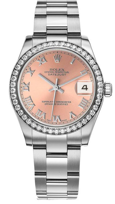 Rolex Datejust Midsize Stainless Steel Factory Diamond Bezel and Pink Roman Dial 178384 Oyster Rolex Datejust Midsize Stainless Steel Factory Diamond Bezel and Pink Roman Dial 178384 Oyster