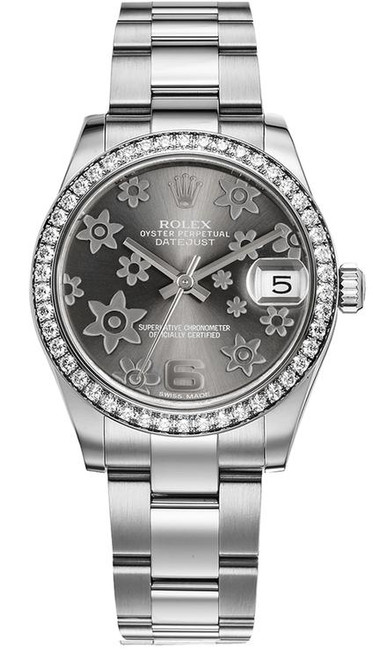 Rolex Datejust Midsize Stainless Steel Factory Diamond Bezel and Silver Floral Dial 178384 Oyster