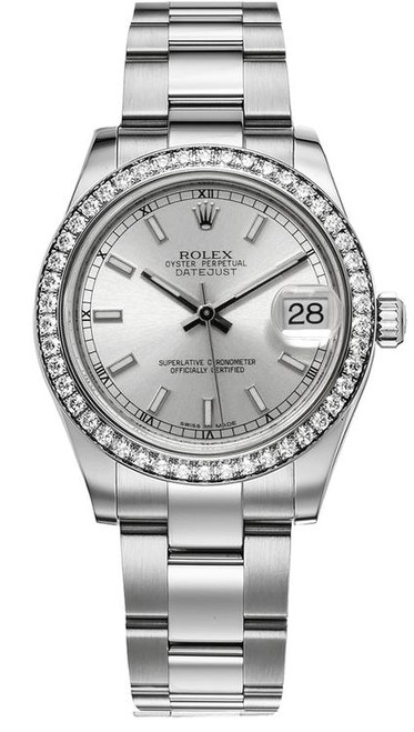 Rolex Datejust Midsize Stainless Steel Factory Diamond Bezel and Silver Index Dial 178384 Oyster