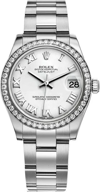 Rolex Datejust Midsize Stainless Steel Factory Diamond Bezel and White Roman Dial 178384 Oyster