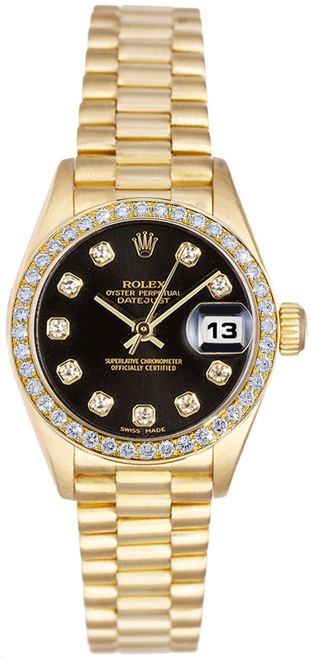 Rolex Women's President Yellow Gold Factory Diamond Bezel and Black Diamond Dial 69138 Rolex Women's President Yellow Gold Factory Diamond Bezel and Black Diamond Dial 69138