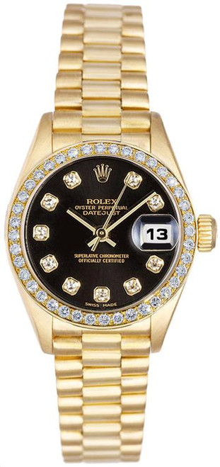 Rolex Women's President Yellow Gold Factory Diamond Bezel and Black Diamond Dial 69138