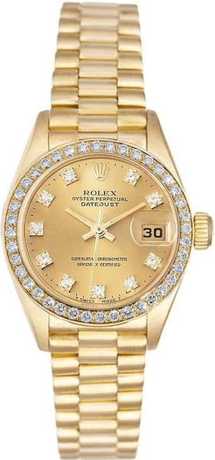 Rolex Women's President Yellow Gold Factory Diamond Bezel and Champagne Diamond Dial 69138