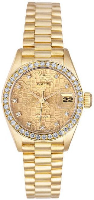Rolex Women's President Yellow Gold Factory Diamond Bezel and Champagne Anniversary Dial 69138 Rolex Women's President Yellow Gold Factory Diamond Bezel and Champagne Anniversary Dial 69138