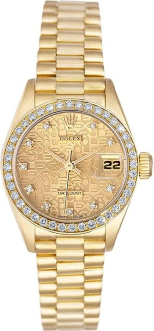 Rolex Women's President Yellow Gold Factory Diamond Bezel and Champagne Anniversary Dial 69138