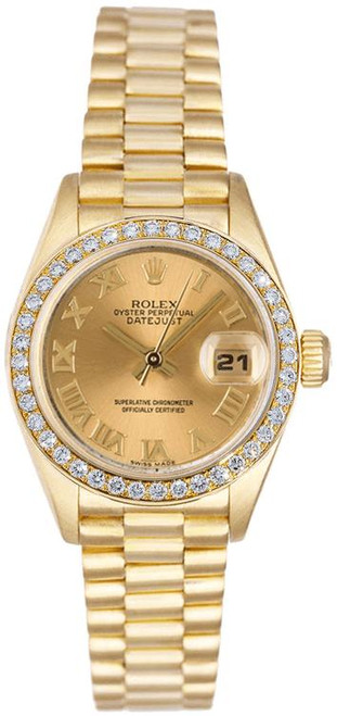 Rolex Women's President Yellow Gold Factory Diamond Bezel and Champagne Roman Dial 69138