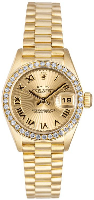 Rolex Women's President Yellow Gold Factory Diamond Bezel and Champagne Sunbeam 69138 Rolex Women's President Yellow Gold Factory Diamond Bezel and Champagne Sunbeam 69138