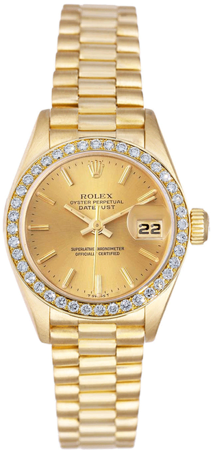 Rolex Women's President Yellow Gold Factory Diamond Bezel and Champagne Index Dial 69138