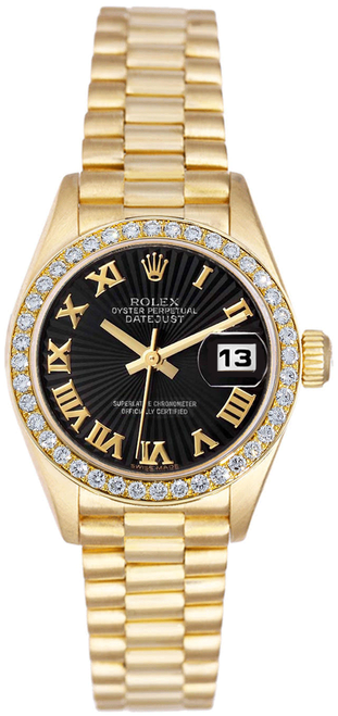 Rolex Women's President Yellow Gold Factory Diamond Bezel and Black Roman Dial 69138 Rolex Women's President Yellow Gold Factory Diamond Bezel and Black Roman Dial 69138