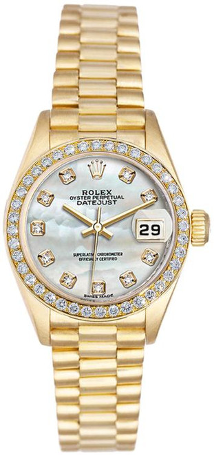 Rolex Women's President Yellow Gold Factory Diamond Bezel and Mother of Pearl Diamond Dial 69138