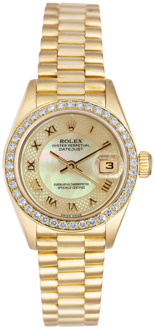 Rolex Women's President Yellow Gold Factory Diamond Bezel and Myriad Pearl Roman 69138 Rolex Women's President Yellow Gold Factory Diamond Bezel and Myriad Pearl Roman 69138