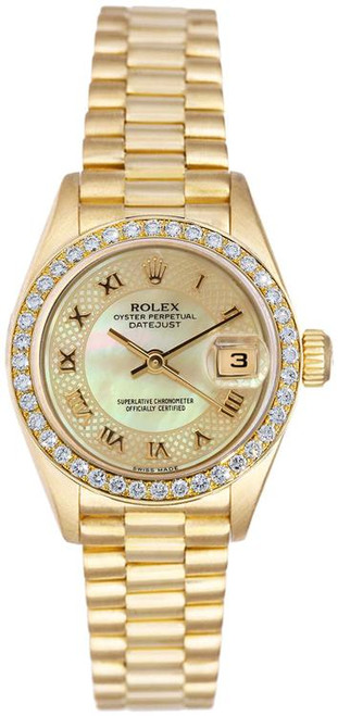 Rolex Women's President Yellow Gold Factory Diamond Bezel and Myriad Pearl Roman 69138