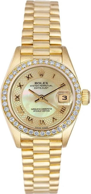 Rolex Women's President Yellow Gold Factory Diamond Bezel and Myriad Pearl Roman 69138