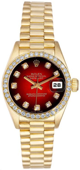 Rolex Women's President Yellow Gold Factory Diamond Bezel and Red Vignette Dial 69138