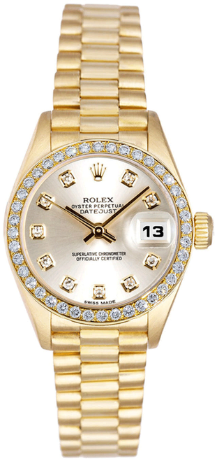 Rolex Women's President Yellow Gold Factory Diamond Bezel and Silver Diamond Dial 69138 Rolex Women's President Yellow Gold Factory Diamond Bezel and Silver Diamond Dial 69138