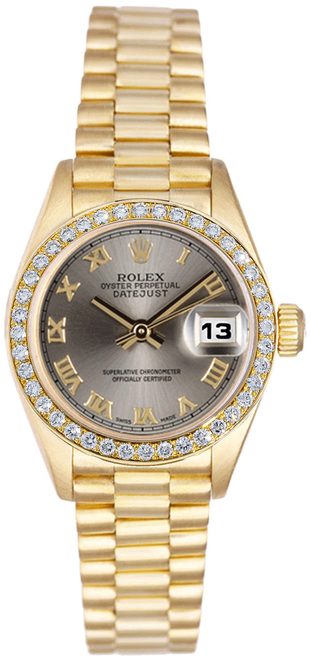 Rolex Women's President Yellow Gold Factory Diamond Bezel and Silver Roman Dial 69138 Rolex Women's President Yellow Gold Factory Diamond Bezel and Silver Roman Dial 69138