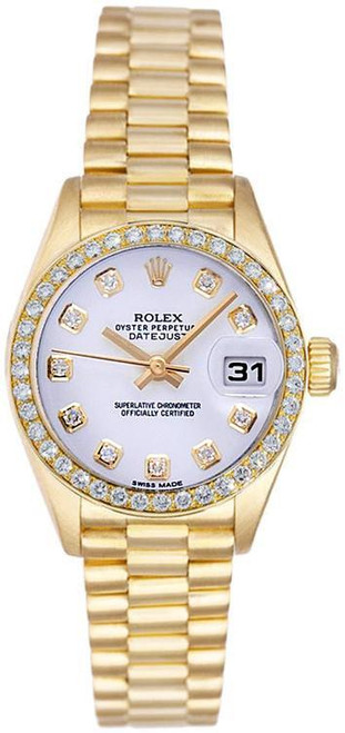 Rolex Women's President Yellow Gold Factory Diamond Bezel and White Diamond Dial 69138
