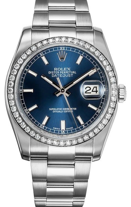 Rolex Datejust Stainless Steel Factory Diamond Bezel & Blue Index Dial on Oyster Bracelet 116244 Rolex Datejust Stainless Steel Factory Diamond Bezel & Blue Index Dial on Oyster Bracelet 116244