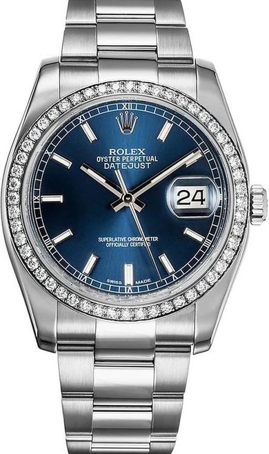 Rolex Datejust Stainless Steel Factory Diamond Bezel & Blue Index Dial on Oyster Bracelet 116244