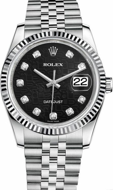 Rolex New Style Datejust Stainless Steel Fluted and Factory Black Anniversary Diamond Dial on Jubilee Bracelet 116234