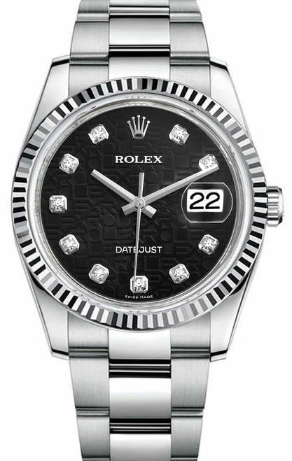 Rolex New Style Datejust Stainless Steel Fluted and Factory Black Jubilee Diamond Dial on Oyster Bracelet 116234
