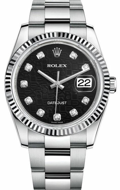 Rolex Datejust Stainless Steel Fluted and Factory Black Anniversary Diamond Dial on Oyster Bracelet 116234