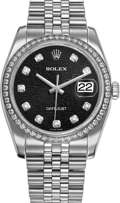 Rolex New Style Datejust Stainless Steel Factory Diamond Bezel and Black Anniversary Diamond Dial on Jubilee Bracelet 116244